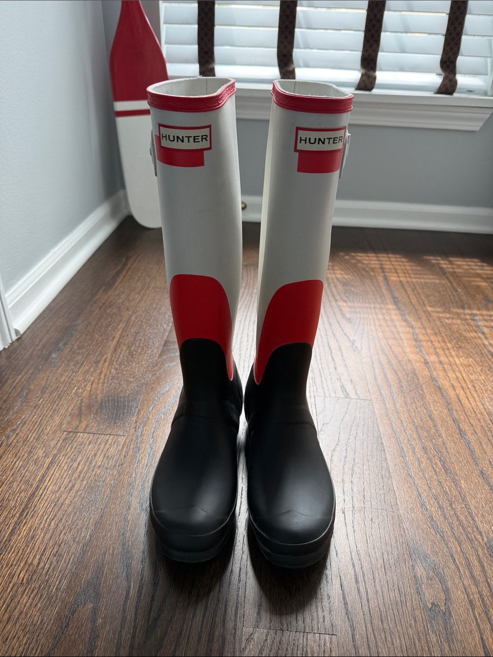 Hunter Tall Rain Boots in White, Red & Black - Picture 1 of 11